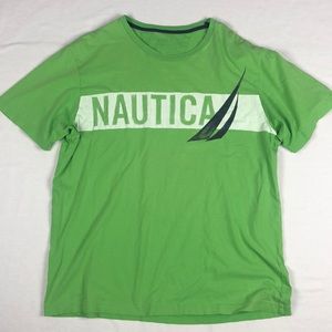 Nautica screen print t shirt. Spell out large boat